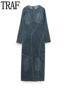 Robes décontractées TRAF bleu Denim robe femme hiver longues robes pour les femmes sortant décontracté Maxi robe femmes à manches longues fente femme robe 230202