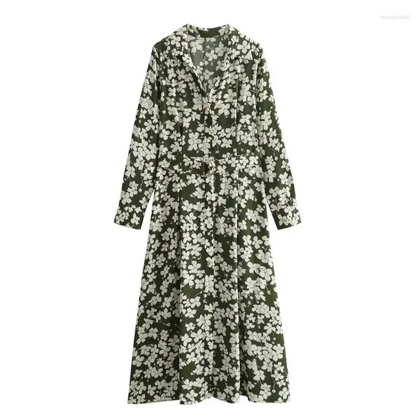 Vestidos casuales Traf Imprimir Vestido floral Mujer Vintage Midi Camisa Primavera 2024 Cinturón Elegante Largo para Mujeres Fiesta de manga