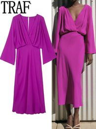 Casual jurken traf paarse lange jurk vrouwen wikkelen satijnen midi jurk vrouw lange mouw elegante feestjurken voor vrouwen avondjurken 230327