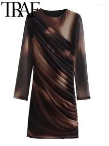 Robes décontractées TRAF Tienda Femme Mode Tie Dye Sérigraphié Robe Slim O Cou À Manches Longues Midi Robes
