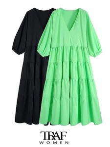 Robes décontractées TRAF Femmes Mode Poplin Panneaux Midi Robe Vintage V Cou Trois Quarts Manches Femme Robes Mujer 220831