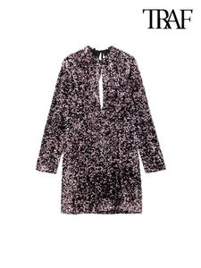 Robes décontractées Traf Women Fashion avec des paillettes liées Velvet mini robe vintage à manches longues en arrière ouvrir les vestidos féminins Mujer