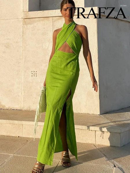 Robes décontractées Trafza Mode Vert Sling Longue Robe Femmes Sexy Dos Nu Élégant À Lacets Sans Manches Évidé Femme