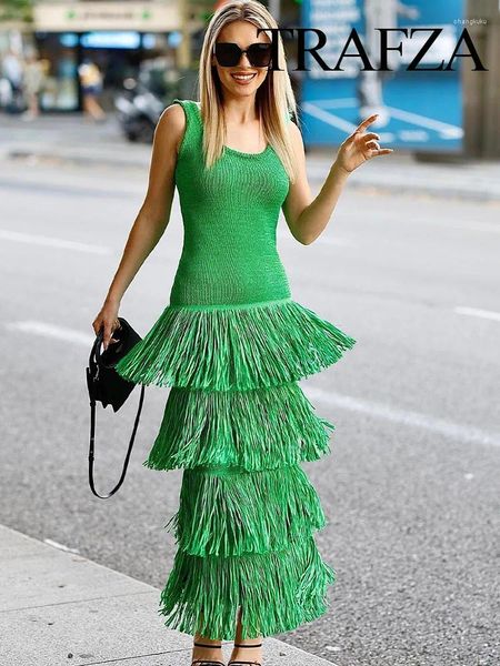 Vestidos casuales Trafza Green Punto para mujeres Borla sin respaldo Largo Sexy Verano Vestido ajustado Mujer Midi Fiesta de noche