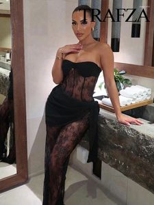 Robes décontractées Trafza Sexy Black Lace Jumpsuit Femmes Wide-leg One Pieces Femme Épaules exposées Bodys Femme chic et élégant Long