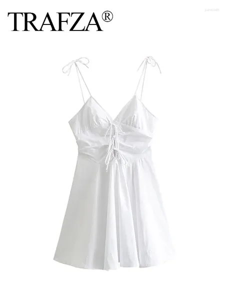 Vestidos casuales Trafza Summer Dress Woman White White V-Eck Manecels Hollow Out Cape-up Zipper Femenino Mini