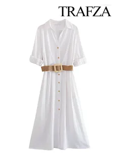 Robes décontractées TRAFZA Summer Mode élégante Femmes Blanc Ceinture Chemise Robe Femme À Manches Longues Simple Boutonnage Revers Slim Mi Longueur