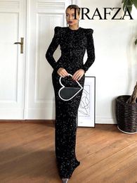 Robes décontractées TRAFZA Femmes Mode Chic Paillettes Sexy Dos Nu Manches Longues Robe Arrière Femme Formelle De Bal De Mariage Robes De Fête