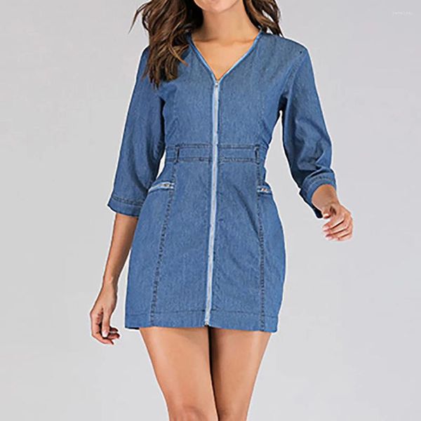 Robes décontractées Tendance pour les femmes 2024 Été Denim Élégant Col V Trois quarts Mi-mollet Jeans Robe Femme Vêtements Robes Para Mujer