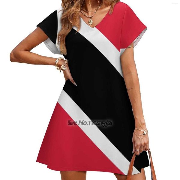 Vestidos casuales Bandera de Trinidad y Tobago Falda de manga corta con cuello en V suelta Vestido elegante de alta calidad Tela ligera