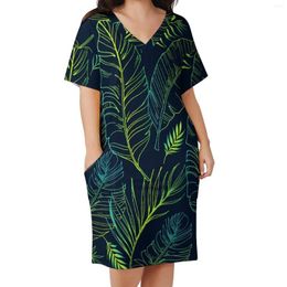Casual Dresses Tropical Leaf Print Dress V Neck Green Leaves Streetwear Summer Modern Female Design Oversize Clothing