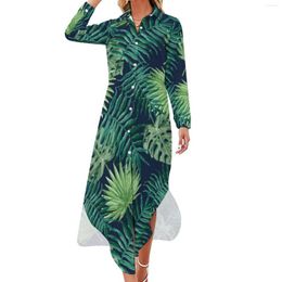 Casual jurken Tropische bladeren Jungle Dress Palm Print Street Wear Festival met lange mouwen dames v nek grote size chiffon