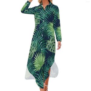 Robes décontractées Tropical Feuilles jungle robe palme imprimement rue Street Wear à manches longues Festival Femme V cou cou Big Taille en mousseline