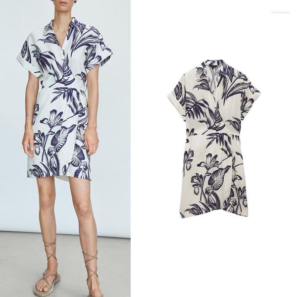 Robes décontractées de feuilles tropicales Robe en lin imprimé md