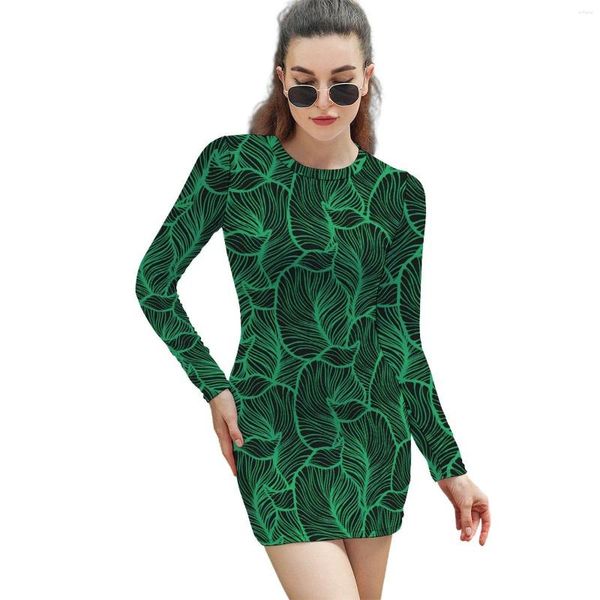 Vestidos casuales Impresión tropical Vestido bodycon para mujer Hojas verdes Kawaii Primavera Manga larga Moda coreana Gráfico Tamaño grande