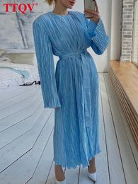 Casual Jurken TTQV Casual losse blauwe midi-jurk Damesmode Lange mouw Kantoor lentejurk Vintage Ruches Elegante jurken voor dames 230308