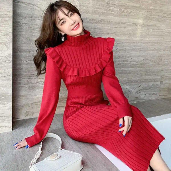 Vestidos casuales Turtleneck Long Dress Autumn Invierno Muslim Elegante Simple Skinny manga Fuera Concon Women Vestidos E362