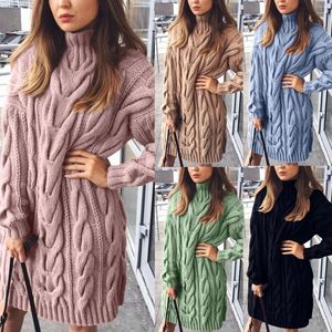 Vestidos casuales Cuello alto Manga larga Suéter Vestido Mujer Otoño Invierno Túnica suelta Punto Sólido Espesar Mantener cálido Jersey