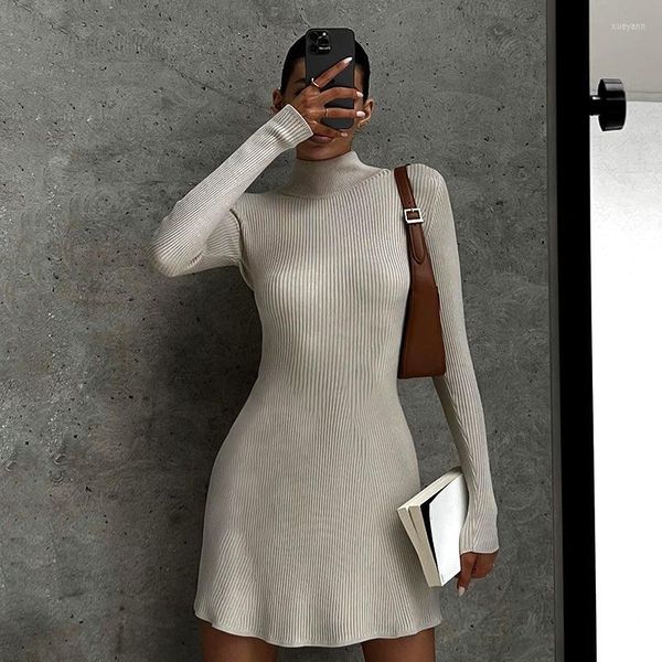 Vestidos informales Turtleneck mini suéter Mujeres Fuera de la manga larga White White 2023 Otoño Invierno Trajes de fiestas de punto Y2K Pink