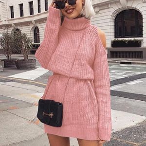 Casual jurken Turtleneck Off Schouder gebreide jurk Dames 2023 Solid plus size lange pullovers herfst winter breien jumper trui