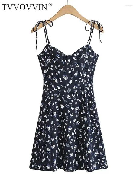 Vestidos casuales TVVOVVIN Estilo francés Fresh Girl's Navy Floral Lace-Up Tank Tops Cintura Muestra Thin Beach Resort A-Line Vestido DYX4