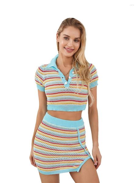 Robes décontractées deux pièces tenues pour femmes tricot rayé sexy manches courtes revers haut court et mini jupe moulante ensemble