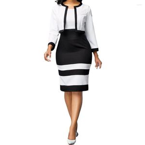 Casual Jurken Tweedelige Set Jurk Voor Vrouwen Lente Elegant Zwart Wit Patchwork Bodycon Lange Mouwen Slim Office Midi Vestidos