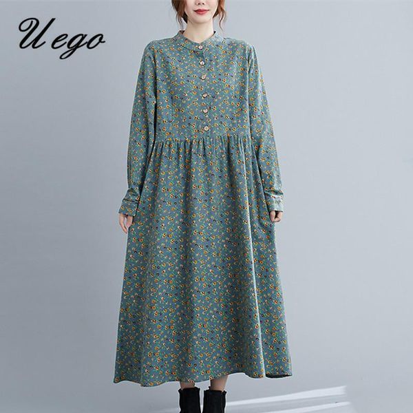 Vestidos casuales Uego Stand Collar Botón Blusa Vestido Lino Algodón Manga larga Otoño Impresión Floral Vintage Mujeres Primavera