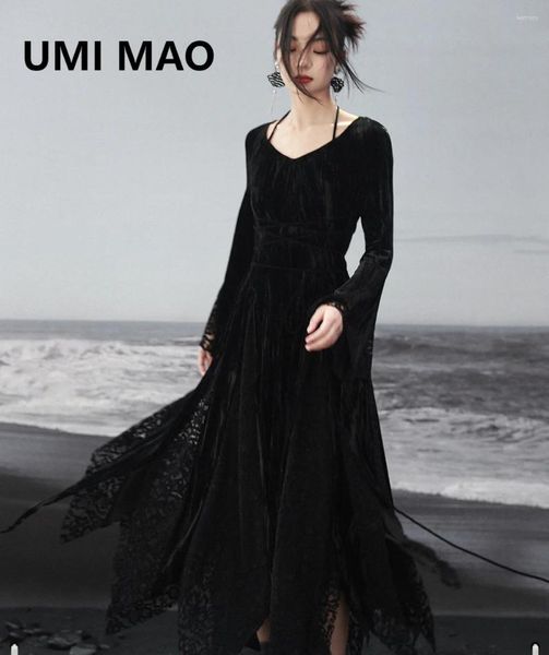 Vestidos casuales Umi Mao Vestido de terciopelo oscuro Elegante Mujer 2024 Otoño Invierno Estilo Layable Lace Irregular Splice Femme Y2K