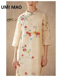 Robes décontractées umi mao ramie plaque boucle améliorée cheongsam pour les jeunes femmes 2024 printemps automne art rétro robe coton femme