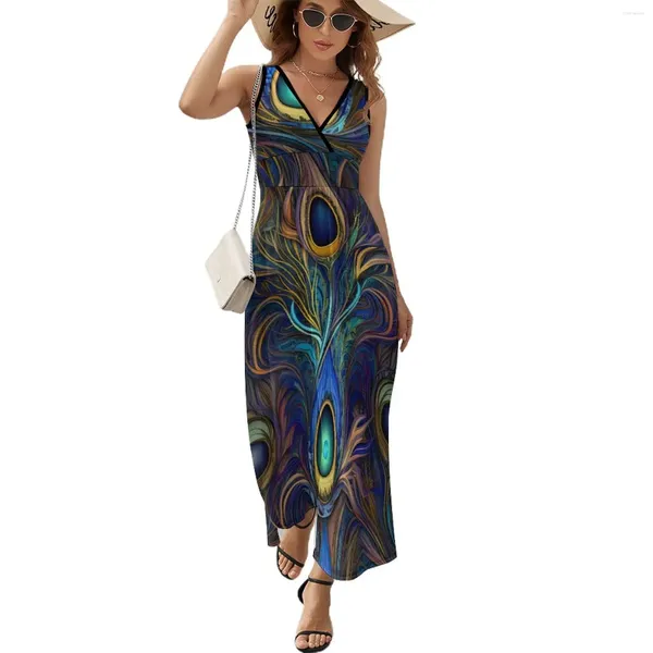 Robes décontractées robe plume de paon unique imprimé coloré mignon maxi