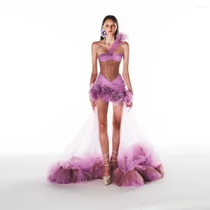 Robes décontractées Unique violet une épaule haute basse Maxi 3D Tulle fleur femmes robes de bal mélange couleur robe de fête d'anniversaire