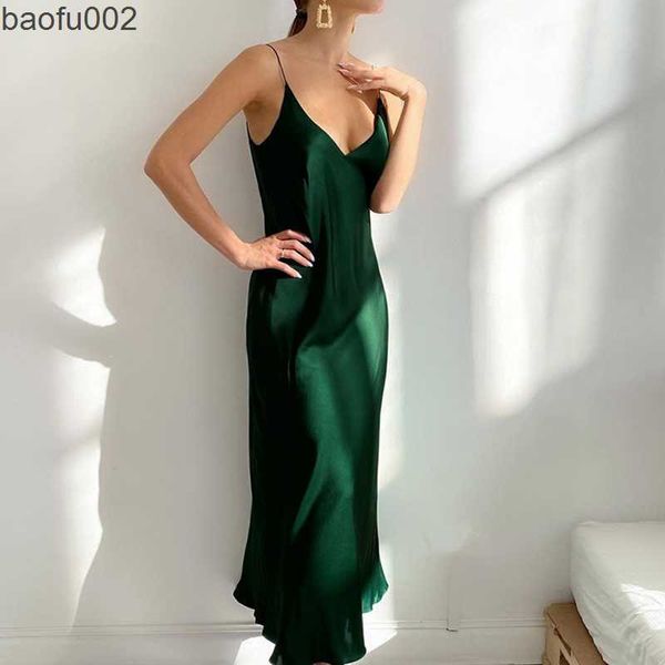 Robes décontractées Unireal 2023 été femmes Satin Slip robe Spaghetti sangle Vintage vert noir soie Sexy longue robe de soirée W0315