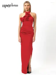Casual jurken upavonu 2024 sexy dames 3D bloem decoratieve bandage jurk hangende nek mouwloze bodycon open terug lang feestvestidos