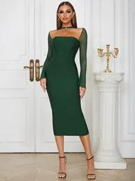 Casual jurken upavonu 2024 sexy dames pure patchwork verbanden jurk o-neck lange mouwen bodycon midi cocktail avondclub feestvestido