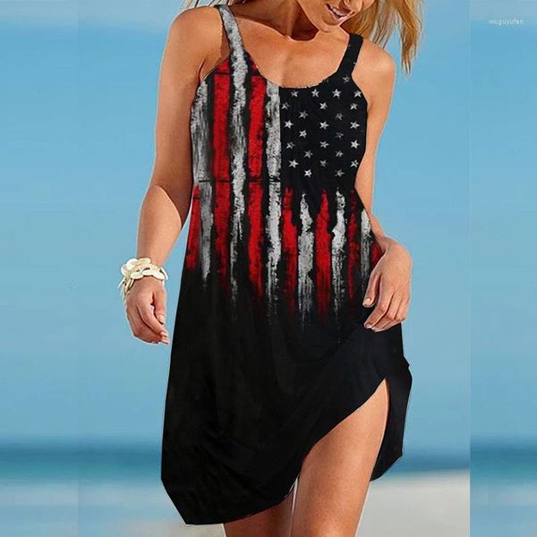Vestidos casuales Vestido con bandera de EE. UU. Moda de mujer Verano Correa americana Playa Bohemio Sin mangas Fiesta Noche Elegante Dobladillo Boho