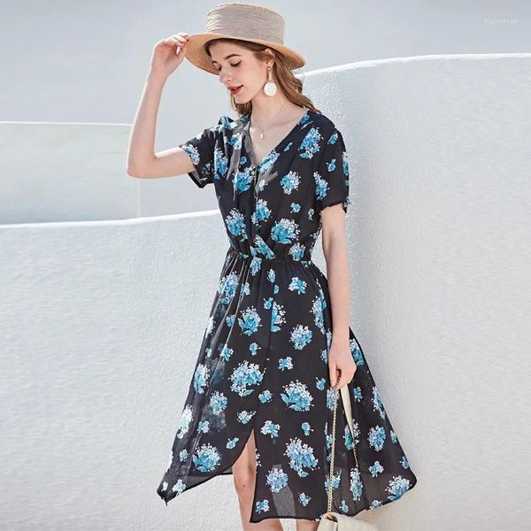 Vestidos casuales V cuello negro azul gasa seda floral maxi vestido mujeres 2024 verano largo trabajo playa oficina sexy fiesta lujo más tamaño