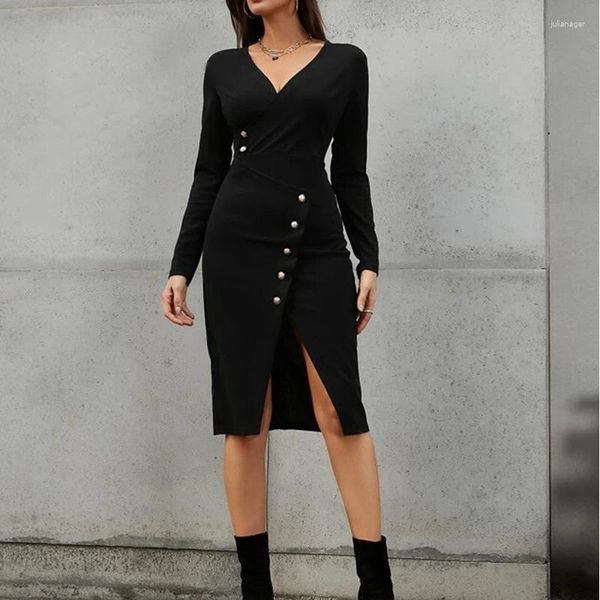 Robes décontractées col en v Chic robe noire pour femmes Sexy fête vêtements moulante fente jupe Vent à manches longues Vestido De Festa Mulher