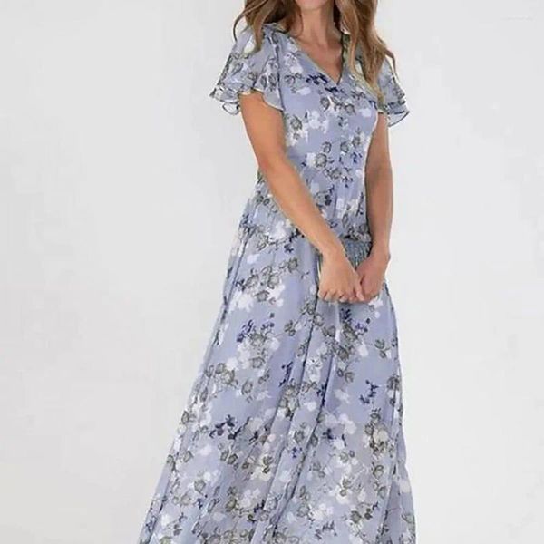 Robes décontractées Robe à col en V Femmes Maxi Floral Imprimer Col en V pour l'été Beach Resort Wear A-ligne Lâche Big Hem Vacances