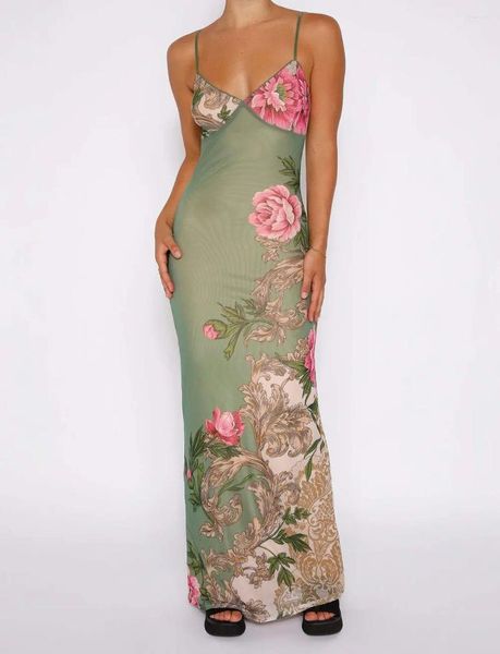 Robes décontractées en V-collier floral imprime élégante longue robe maxi femme spaghetti bracele