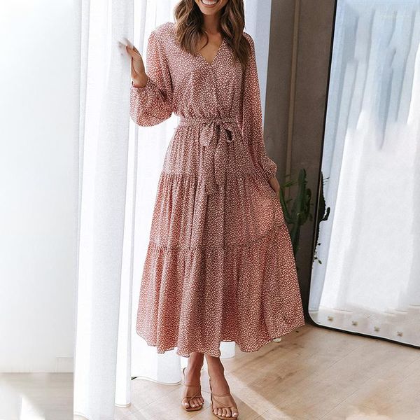 Robes décontractées col en V imprimé léopard Robe à volants femmes à plusieurs niveaux Maxi Boho cravate taille en mousseline de soie Flowy longue élégante femme Vintage Robe