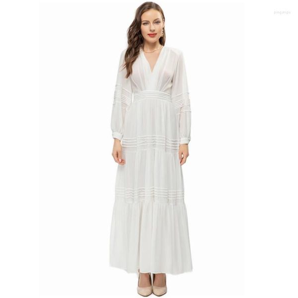 Robes Décontractées Col V Manches Longues Longueur Cheville Robe Maxi Plissée Élégante Rouge/Blanc S - 2XL