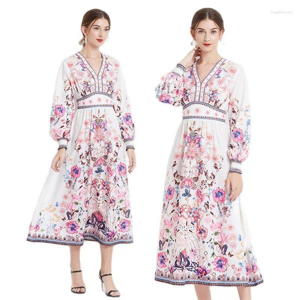 Robes décontractées col en v Maxi robe florale Robes 2023 femmes concepteur à manches longues mince taille Empire Boho grande balançoire pour vacances robe de bal