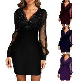 Casual jurken v-neck mini feestjurk voor vrouwen pailletten mesh prom see-through mouwen korte jurken formele elegante vrouwelijke streetwear