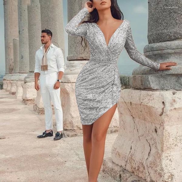 Robes Décontractées Col En V Mini Paillettes Femmes Sexy Taille Haute Paquet Hanche Plissée Irrégulièrement Robe Courte Chic Lady À Manches Longues Tenues De Fête