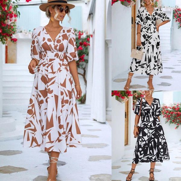 Robes décontractées Col en V Robe à manches bouffantes Impression d'été Femmes Boho Beach Maxi Bell Flowy Swing Shift Sexy Lâche Longue