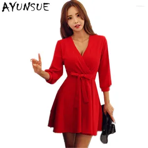 Casual jurken v-neck gewaad sexy slanke lantaarn mouw rode jurk zomerkleding voor vrouwen 4xl 5xl 6xl elasticiteit vestidos mujer fyy432