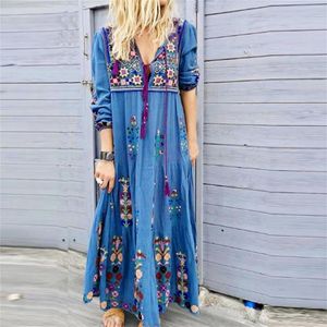 Robes décontractées Taille de col en V Femmes Up Print Boho Maxi Robe à manches longues Poignets extensibles Plus Broderie confortable en vrac