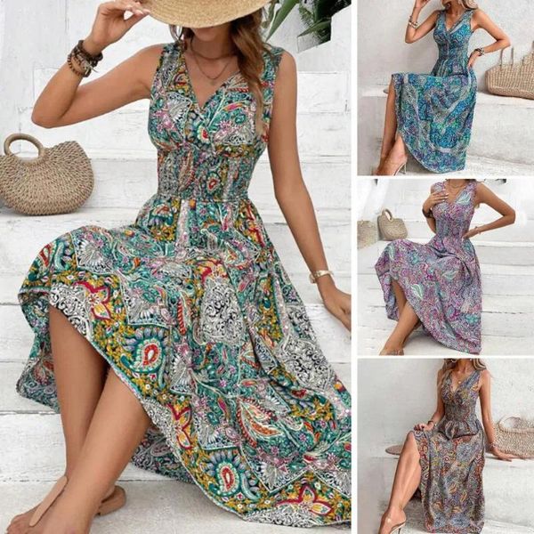 Robes décontractées col en V sans manches femmes robe bohème taille serrée imprimé coloré longueur mi-mollet vacances d'été vacances plage midi