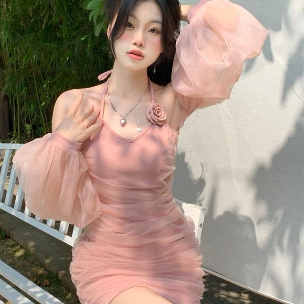 Robes décontractées vacances manches bouffantes fesse enveloppé printemps coréen mode robe femme bohême hors épaule mince fête